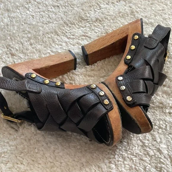 Tory Burch Women Heel Sandal Shoes Dark Brown Leather Upper Wood Heel Size 6 - Picture 3 of 12
